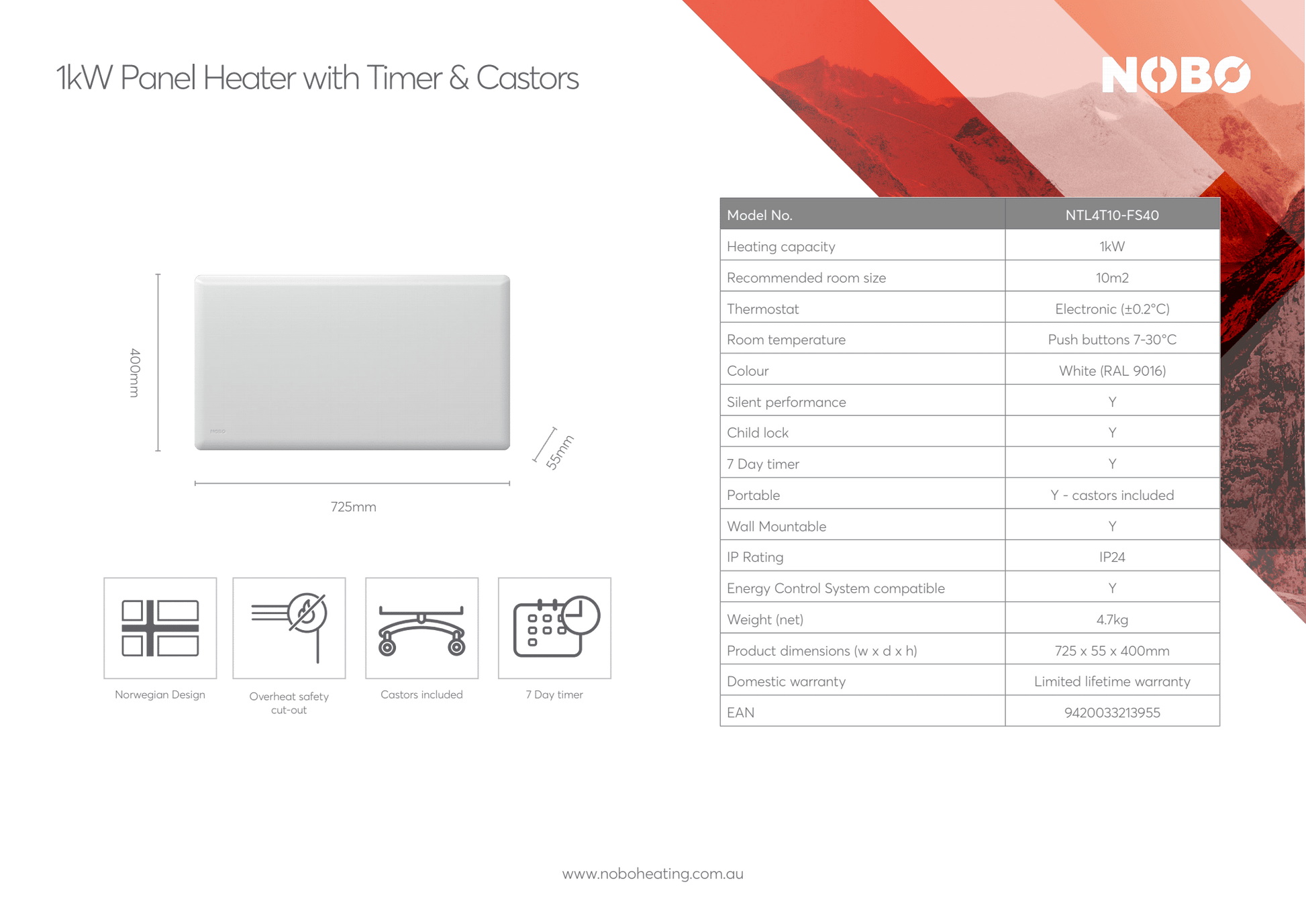 Nobo Oslo Electric Panel Heater - 1KW