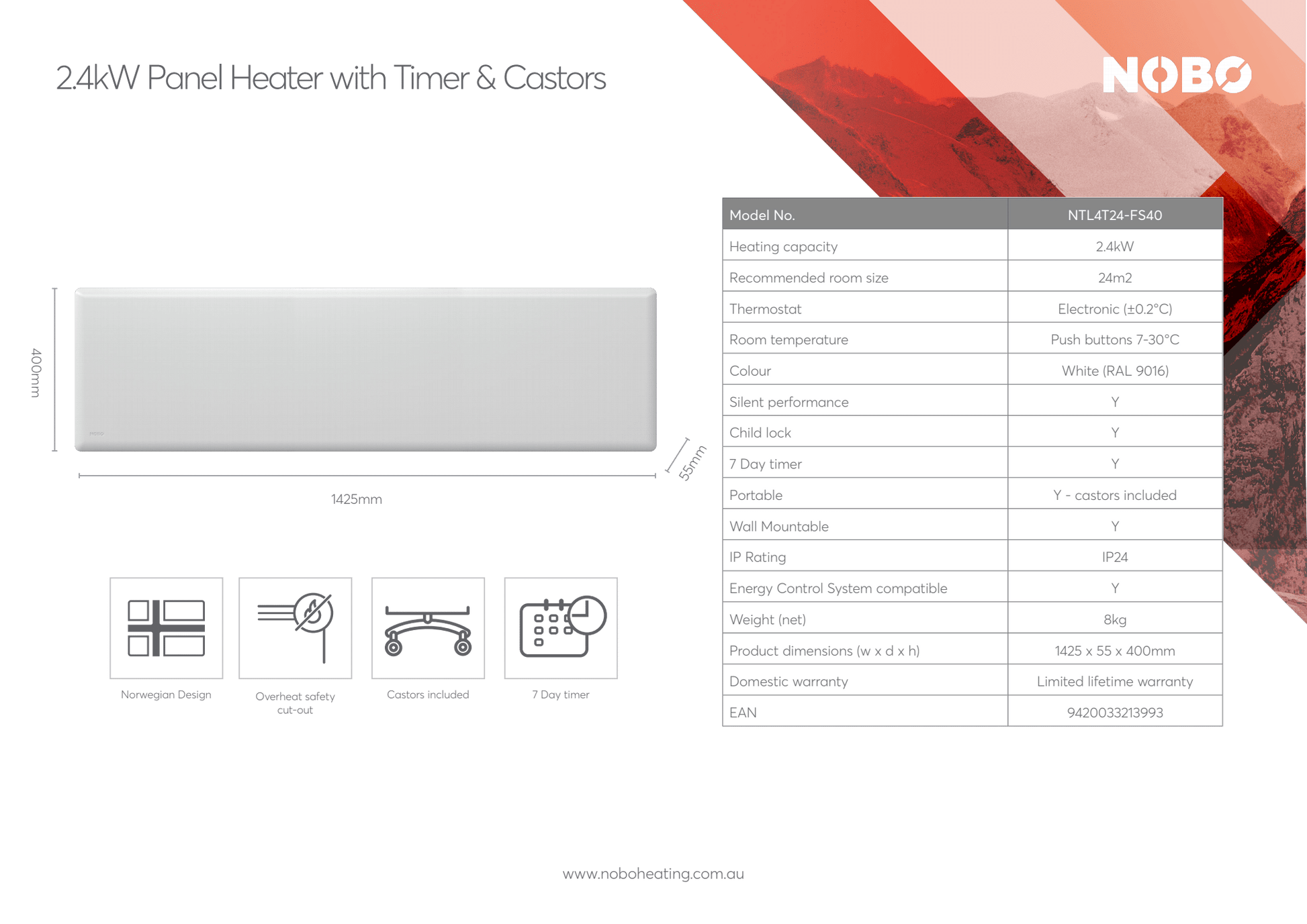 Nobo Oslo Electric Panel Heater - 2.4KW